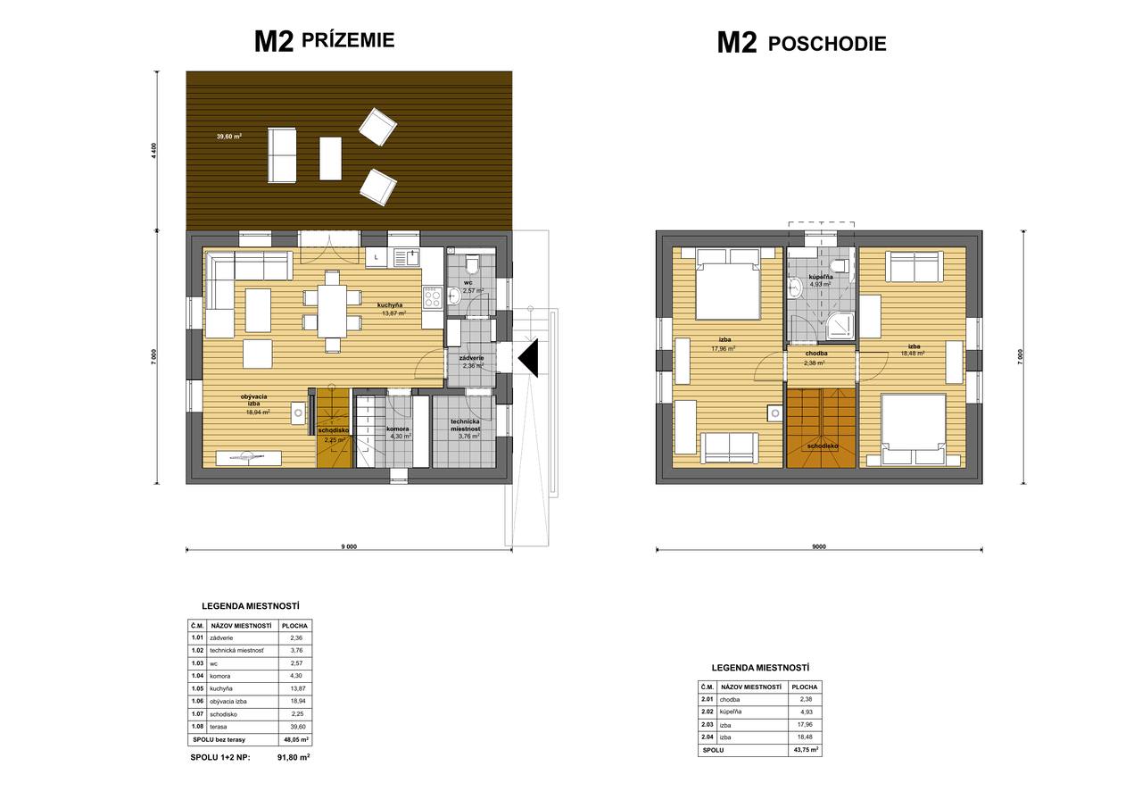 M2 – schéma pôdorysu, 3-izbový variant