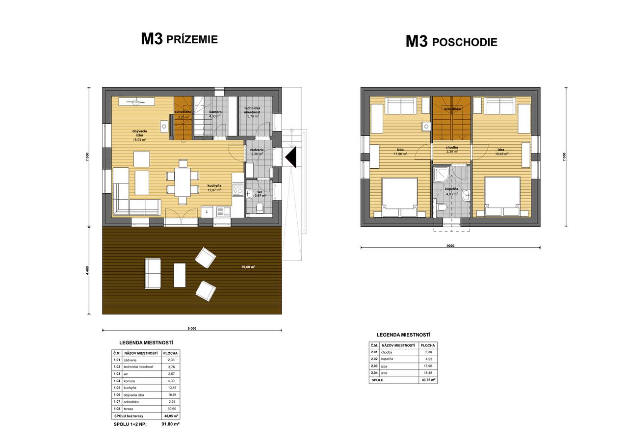 M3 – schéma pôdorysu, 3-izbový variant